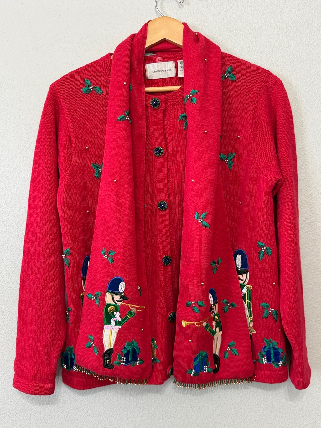 Stunning! Lemon Grass Nut Cracker Holiday Cardigan + Matching Scarf Small